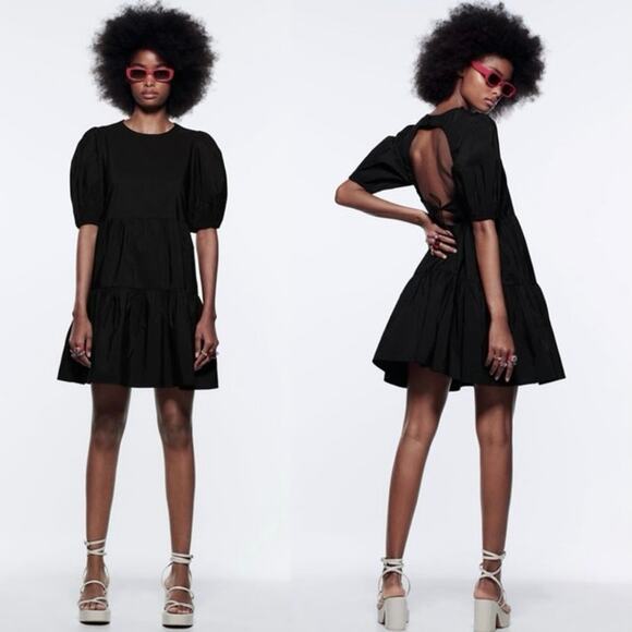 Zara Black Puff Sleeve Tiered Mini Poplin Open Back Tie Waist A-Line Dress Sz XS - Picture 1 of 8